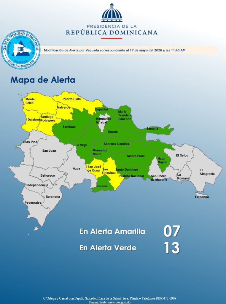 COE coloca 19 provincias y al Distrito Nacional bajo alerta por efectos de vaguada | 2 | COE coloca 19 provincias y al Distrito Nacional bajo alerta por efectos de vaguada