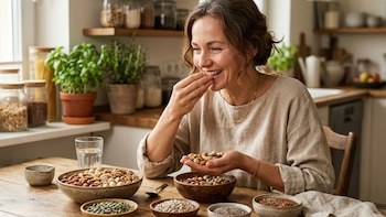 Conoce los 10 frutos secos con más proteína según la ciencia | 2 | Mujer sonriente de mediana edad come frutos secos en una cocina. Frente a ella hay tazones con nueces, almendras, pistachos y semillas variadas