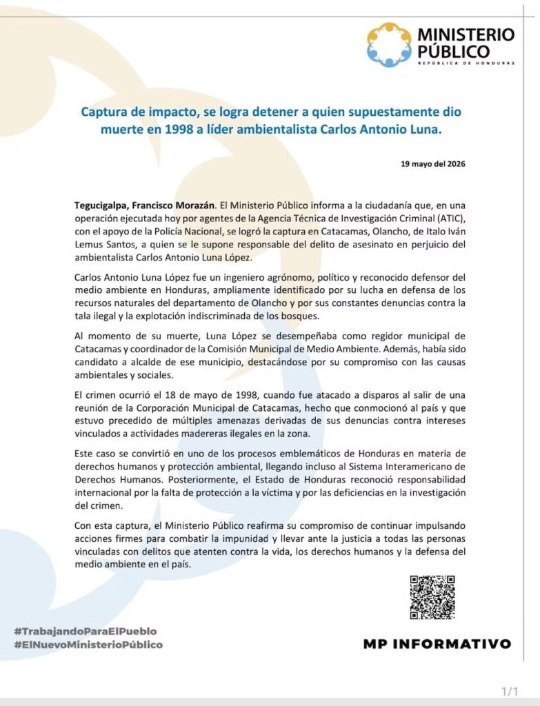 Honduras: Cae sospechoso por asesinato del ambientalista Carlos Luna tras 28 años prófugo | 2 | Honduras: Cae sospechoso por asesinato del ambientalista Carlos Luna tras 28 años prófugo - Noticias de hoy en República Dominicana | De Último Minuto