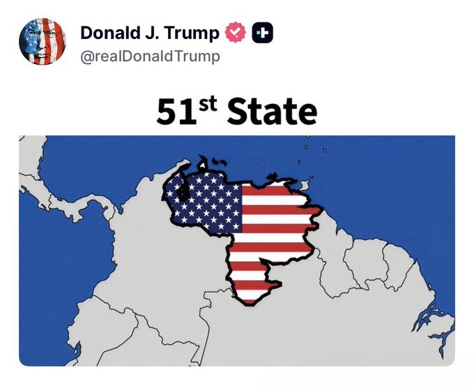 "Estado 51": Trump comparte una imagen del mapa de Venezuela pintado con la bandera de EE.UU. - Noticias de hoy en República Dominicana | De Último Minuto