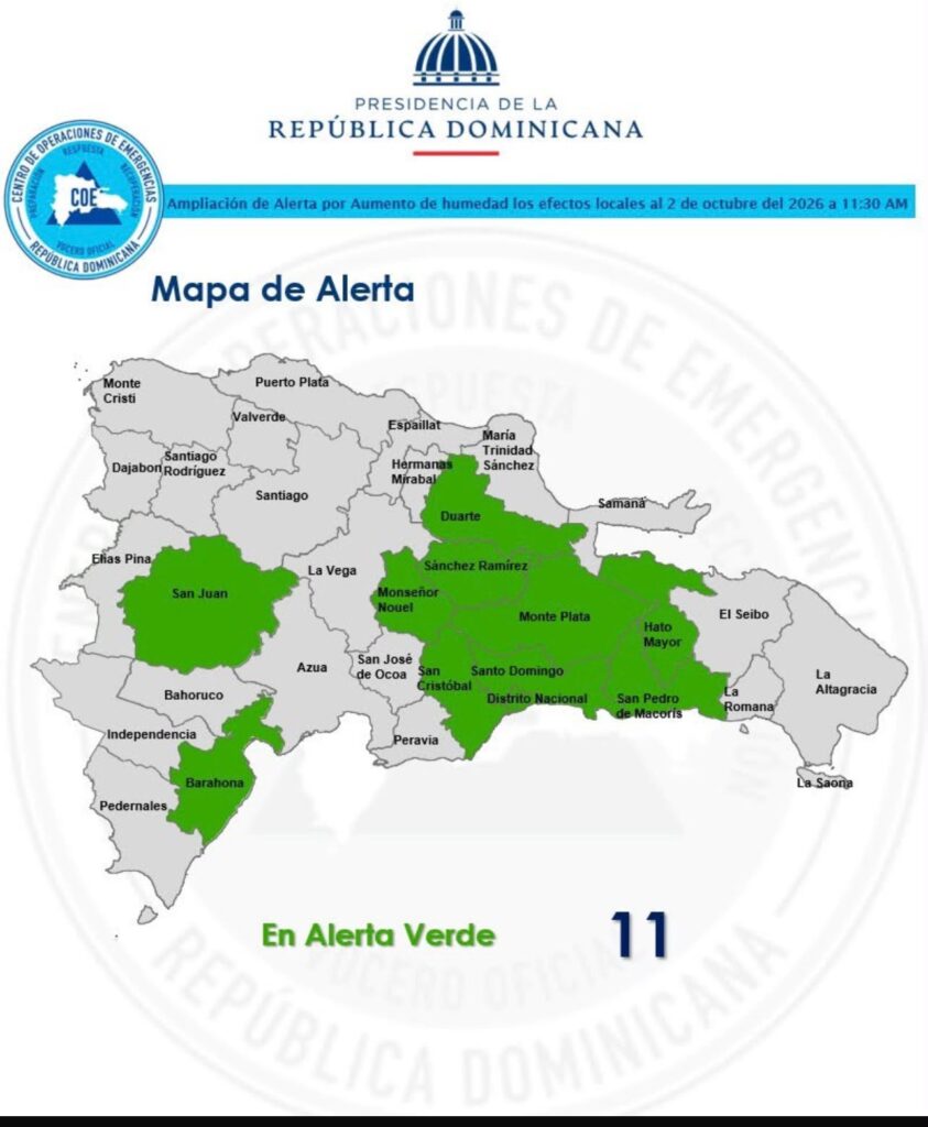COE coloca 10 provincias y el Distrito Nacional en alerta verde por aguaceros