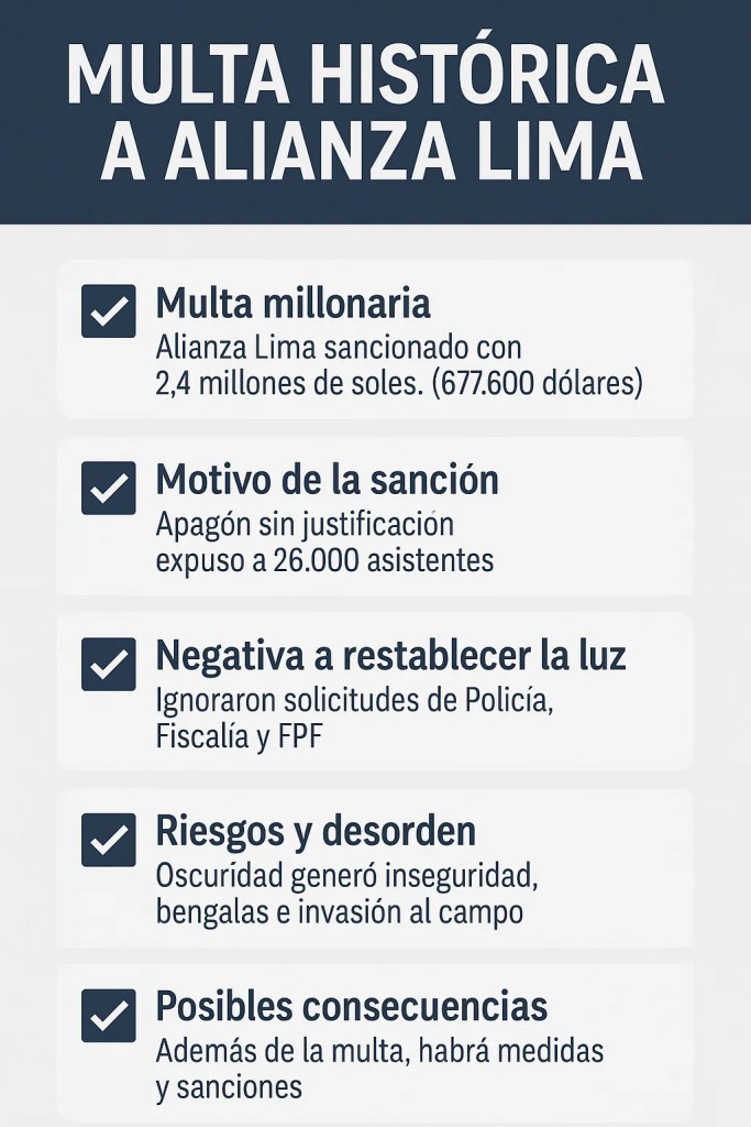 Alianza Lima recibe millonaria sanción por apagar luces del estadio en la final del 2023