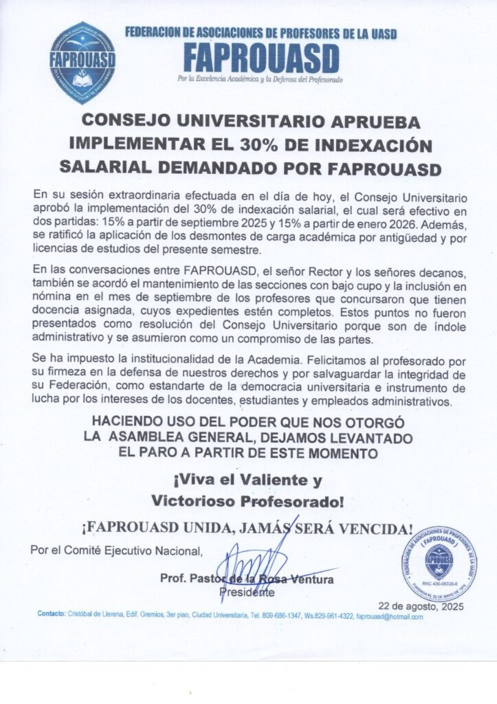 Aprueban aumento salarial del 30% para profesores de la UASD - Noticias de hoy en República Dominicana | De Último Minuto