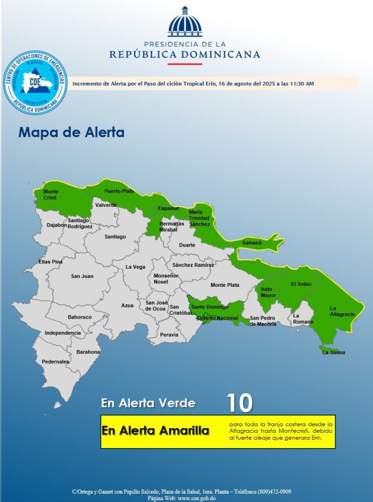 COE: Alerta amarilla para franja costera y 10 provincias en verde por huracán Erin - Noticias de hoy en República Dominicana | De Último Minuto