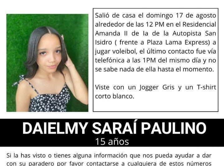 Joven de 15 años desaparecida tras salir a jugar voleibol en San Isidro