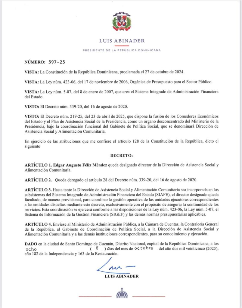 Designan a Edgar Féliz en la Dirección de Asistencia Social y Alimentación Comunitaria tras fusionar Plan Social y Comedores Económicos - Noticias de hoy en República Dominicana | De Último Minuto