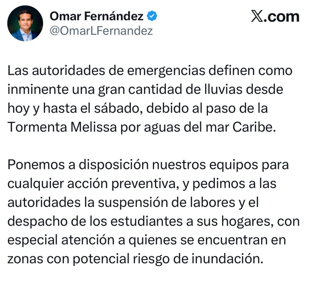 Omar Fernández pide suspensión de labores y despacho de estudiantes ante lluvias que afectarán el país | 2 | Omar Fernández pide suspensión de labores y despacho de estudiantes ante lluvias que afectarán el país - Noticias de hoy en República Dominicana | De Último Minuto