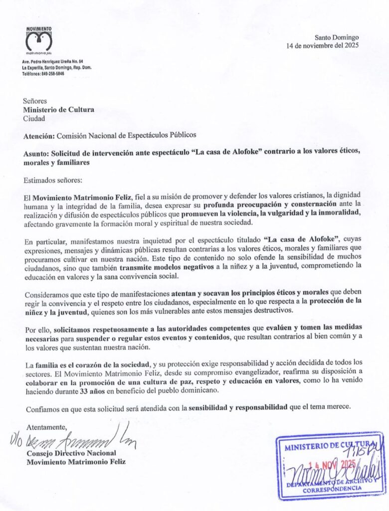 Movimiento Matrimonio Feliz solicita al Ministerio de Cultura intervenir espectáculo “La Casa de Alofoke 2” por considerarlo contrario a valores éticos y familiares | 2 | Movimiento Matrimonio Feliz solicita al Ministerio de Cultura intervenir espectáculo “La Casa de Alofoke 2” por considerarlo contrario a valores éticos y familiares - Noticias de hoy en República Dominicana | De Último Minuto