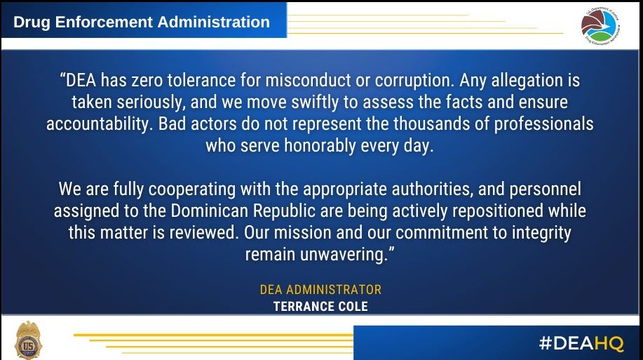 DEA reafirma política de “tolerancia cero” ante alegaciones sobre personal asignado en RD - Noticias de hoy en República Dominicana | De Último Minuto