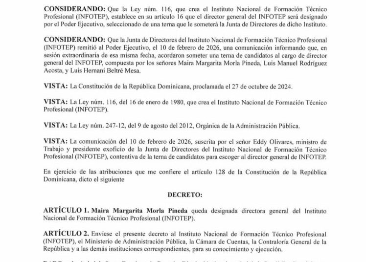 Designan a Maira Margarita Morla Pineda como directora general del INFOTEP