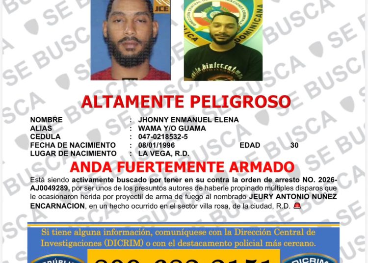 Dicrim busca a hombre acusado de herir de bala a un ciudadano en La Vega