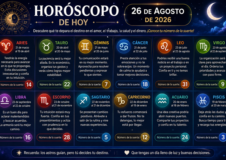 Horóscopo de hoy, miércoles 26 de agosto de 2026: descubre tu número de la suerte y las predicciones para cada signo