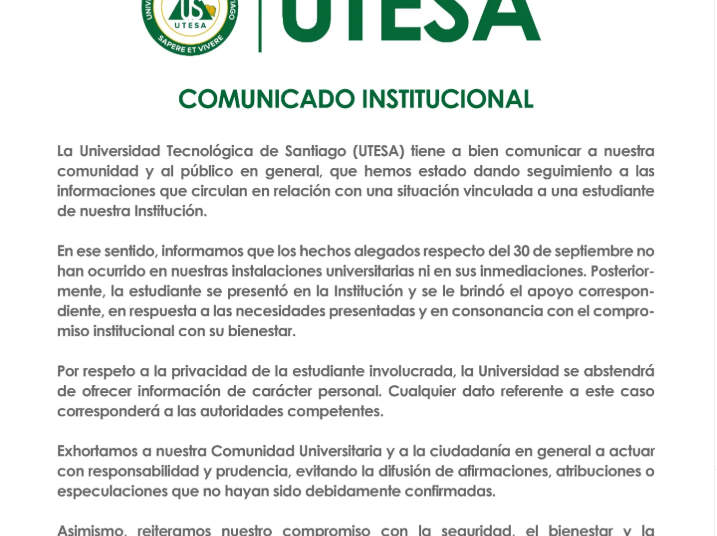 UTESA aclara que situación vinculada a estudiante no ocurrió dentro de sus instalaciones
