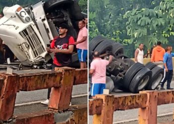 Dos personas resultan heridas tras vuelco de camión en el puente sobre el río Maimón